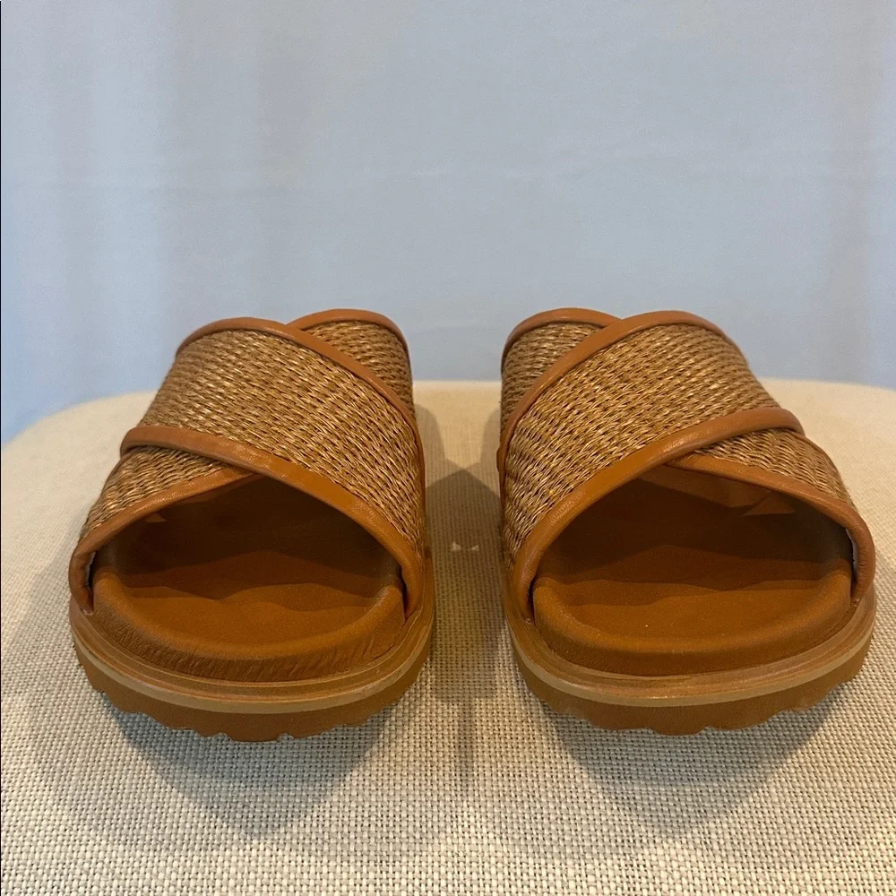 J. McLaughlin Brown Raffia Crisscross Slide Sandals
